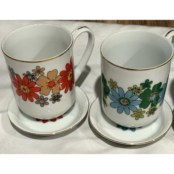 Vintage Creative Japan Porcelain Mugs & Saucers Set of 4 – Floral Mix, Gold Rim, - Picture 7 of 10